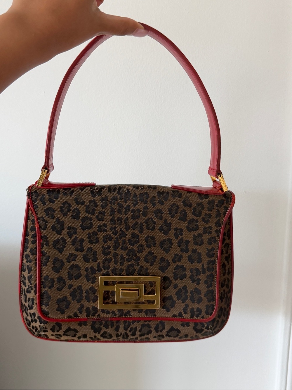 Vintage Fendi Leopard Print Jacquard Shoulder Bag Red Leather